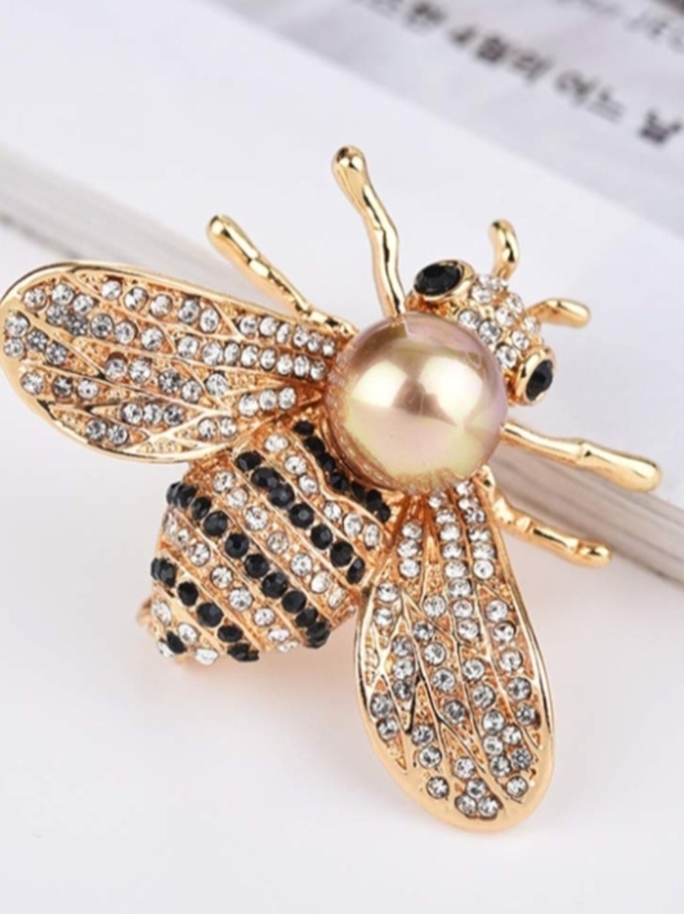 14K Gold Plated Bee Crystal Brooch with Pearl Accent - Women Jewelry